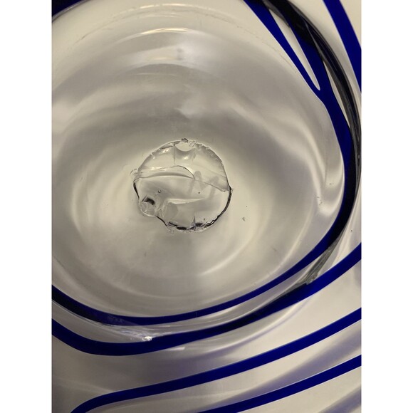 Clear Art Glass Bowl Blue Pulled Ribbon Swirls MCM Handmade Pontil Base Marked M - Picture 9 of 12